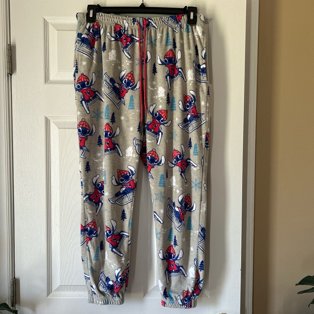 Disney Stitch Gray Pajama Pants w/Red & Blue Print and Pockets ~ Size L (12/14)